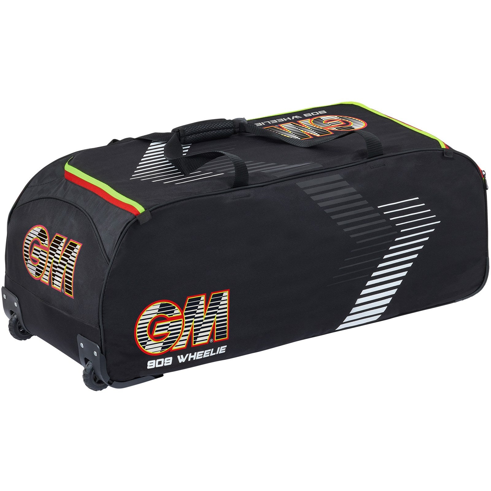 Black GM Cricket Bag 909 Wheelie by Gunn & Moore, featuring multiple compartments and sturdy wheels for easy transport.