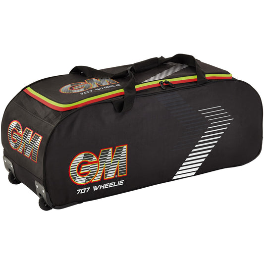 Black GM Cricket Bag 707 Wheelie by Gunn & Moore, featuring a spacious design with wheels for easy transport.