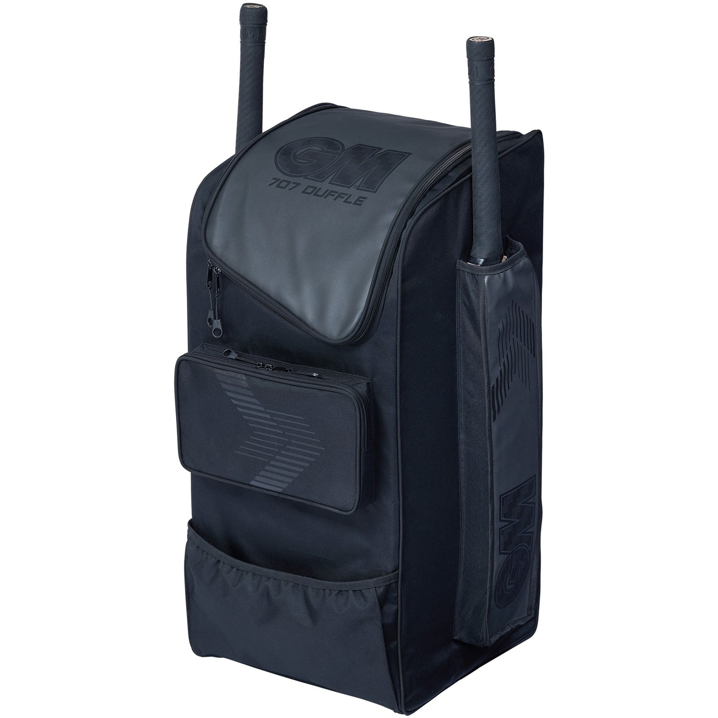 Black GM Cricket Bag 707 Duffle by Gunn & Moore, featuring spacious design and durable material for cricket gear storage.