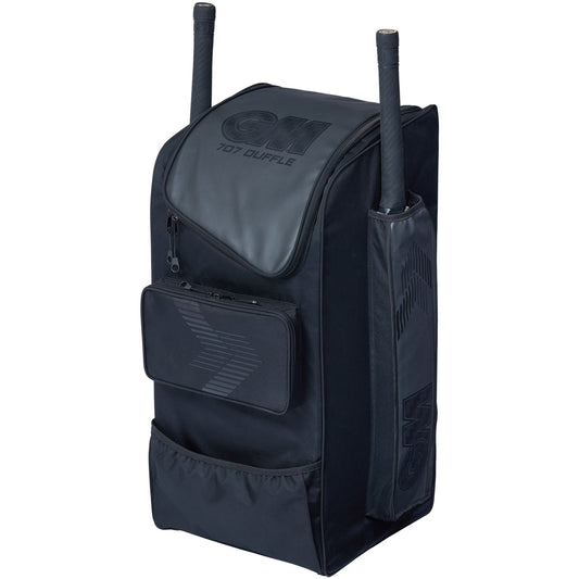 Black GM Cricket Bag 707 Duffle by Gunn & Moore, featuring spacious design and durable material for cricket gear storage.