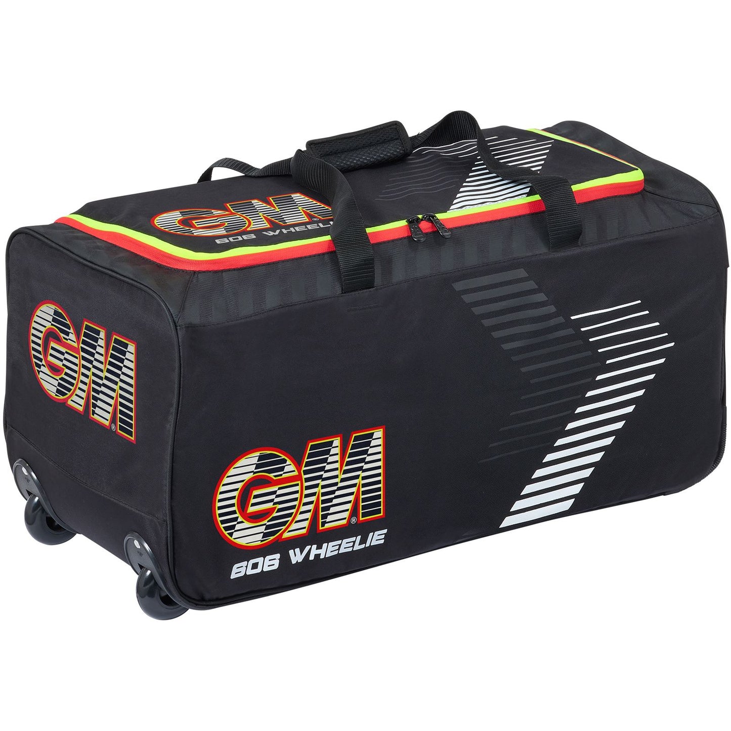 Black GM Cricket Bag 606 Wheelie by Gunn & Moore featuring multiple compartments and sturdy wheels for easy transport.
