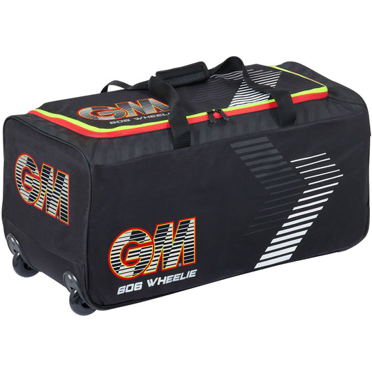 Black GM Cricket Bag 606 Wheelie by Gunn & Moore featuring multiple compartments and sturdy wheels for easy transport.
