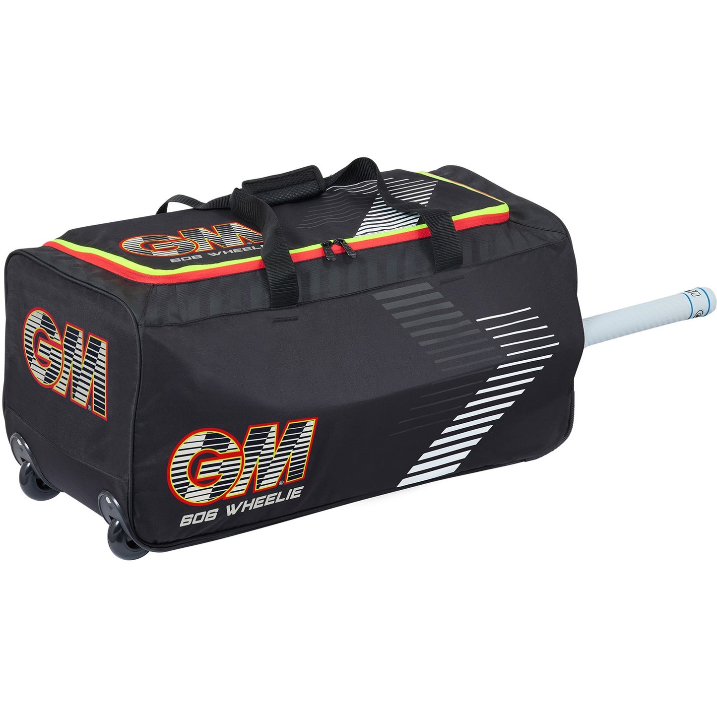 Gunn & Moore GM Cricket Bag 606 Wheelie in black with wheels and handles, designed for cricket gear storage and transport.