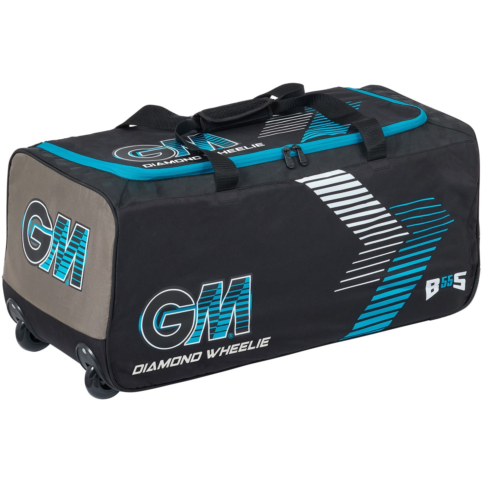 Black GM Cricket Bag Diamond Wheelie by Gunn & Moore, featuring sturdy wheels and spacious compartments for cricket gear.
