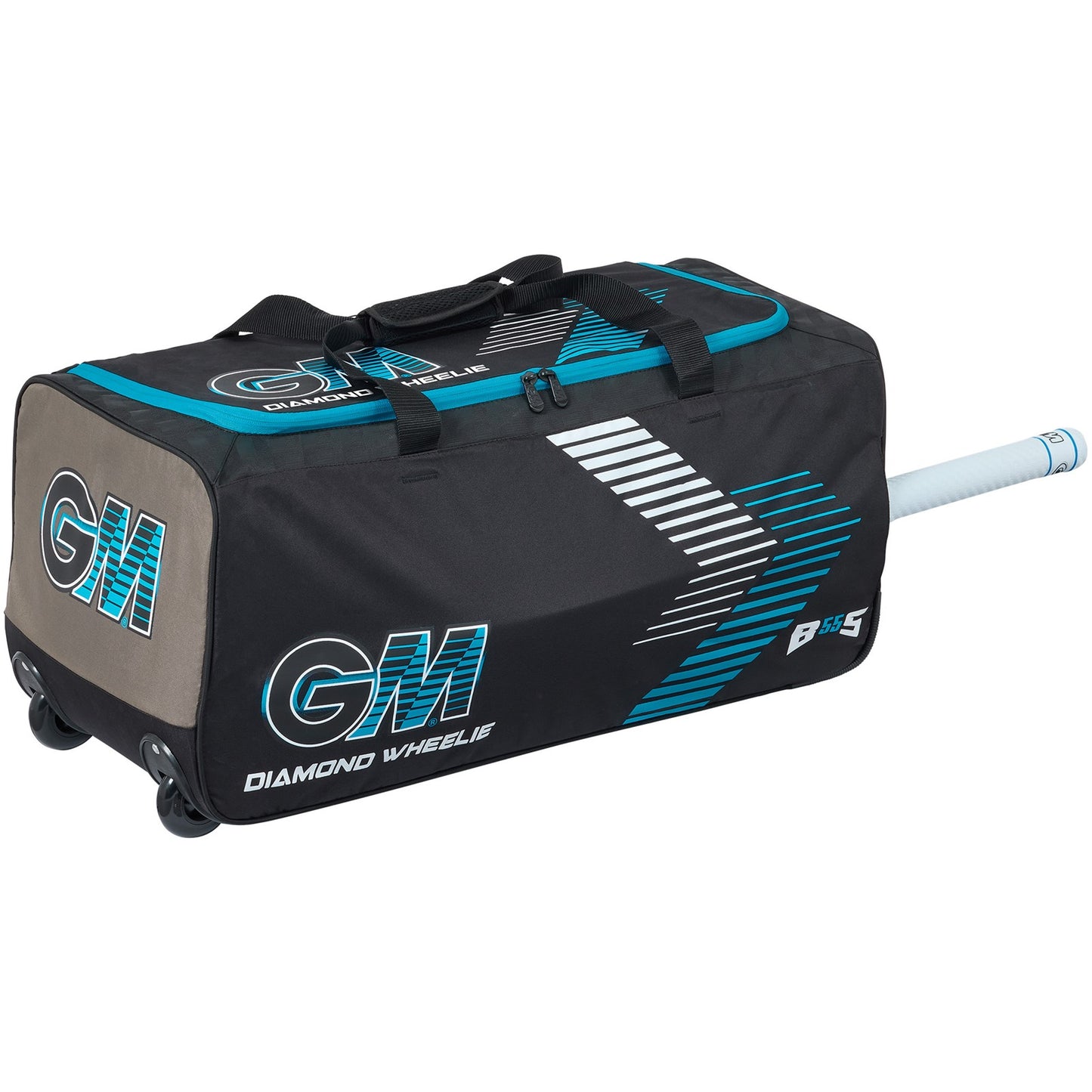 Black GM Cricket Bag Diamond Wheelie by Gunn & Moore with multiple compartments and sturdy wheels for easy transport.