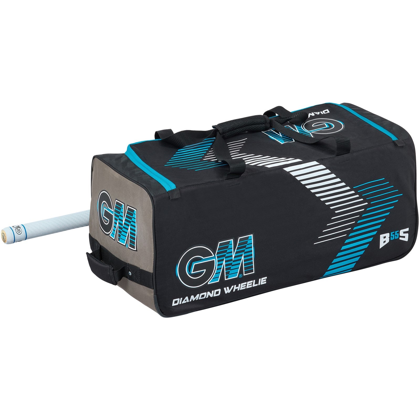 Black GM Cricket Bag Diamond Wheelie with multiple compartments, sturdy wheels, and adjustable shoulder strap for easy transport.