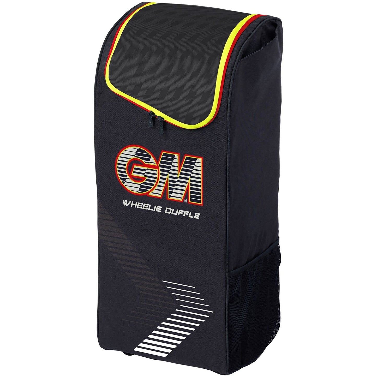 Black GM Cricket Bag Rival Wheelie Duffle by Gunn & Moore, featuring sturdy wheels and spacious main compartment for cricket gear.