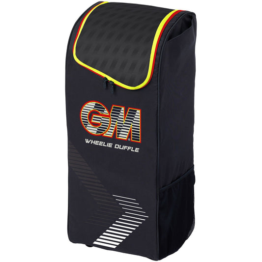 Black GM Cricket Bag Rival Wheelie Duffle by Gunn & Moore, featuring sturdy wheels and spacious main compartment for cricket gear.