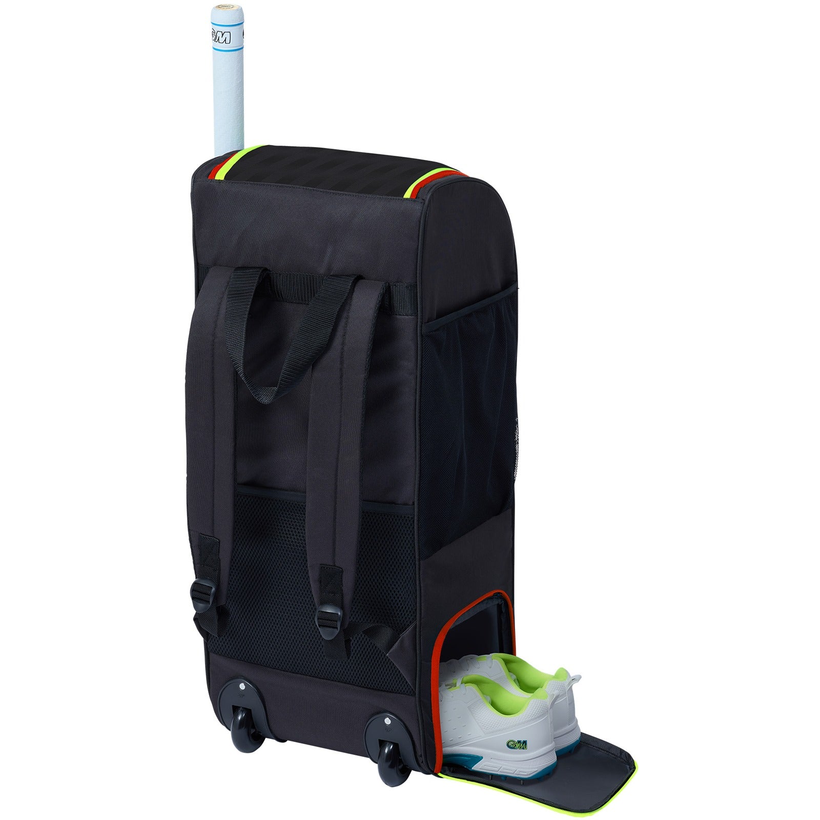 Black Gunn & Moore CRICKETGM Rival Wheelie Duffle bag with sturdy wheels and spacious main compartment for cricket gear storage.