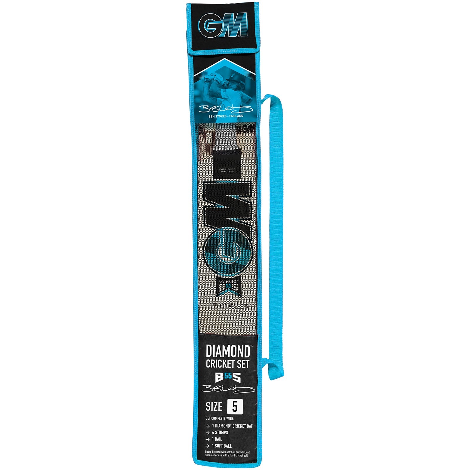 Gunn & Moore GM Cricket Set Diamond Size 5 with cricket bat, ball, and protective gear for young players, detailed and ready for play.