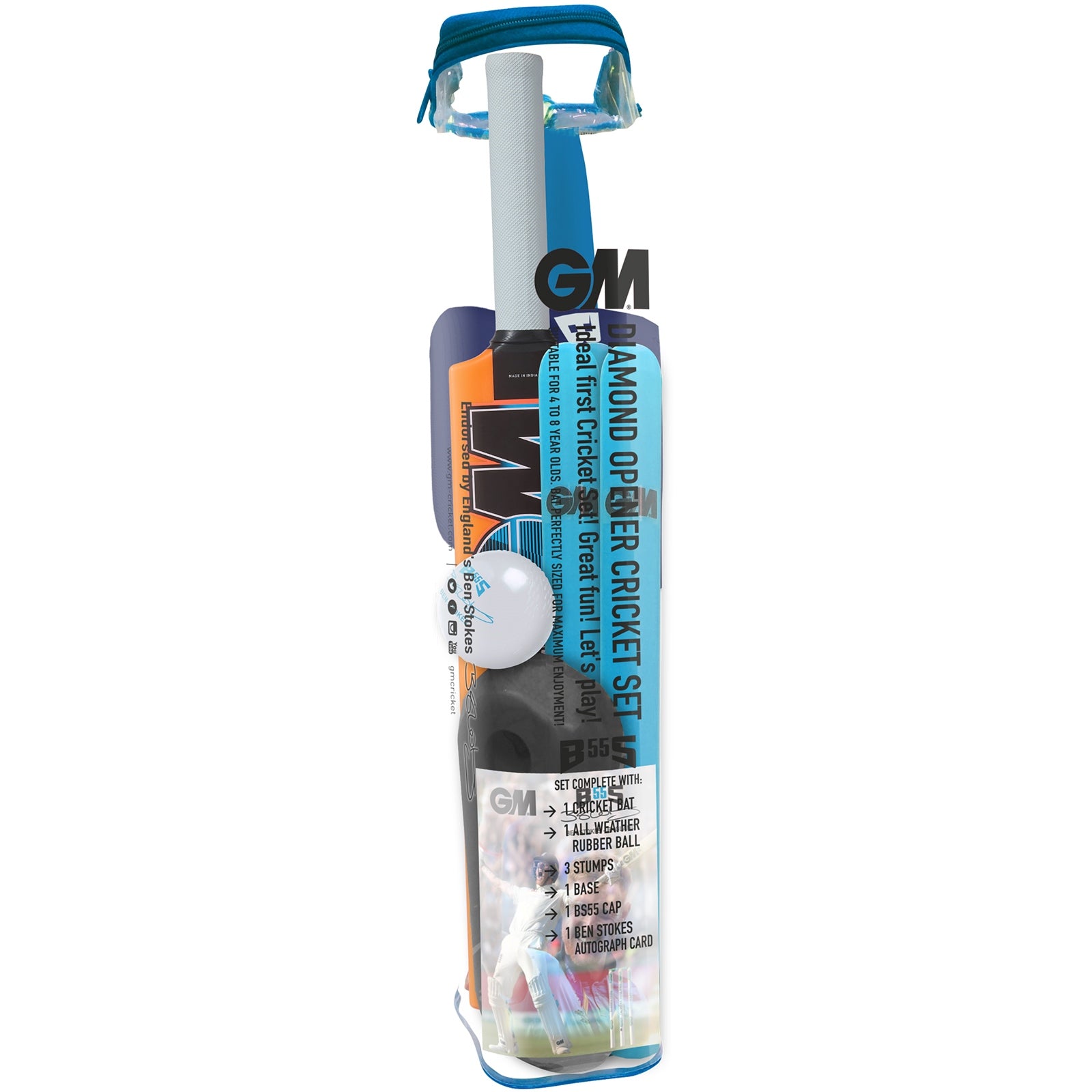 Gunn & Moore GM Diamond Opener cricket set for kids aged 4-8, includes cricket bat, ball, and stumps for young players.