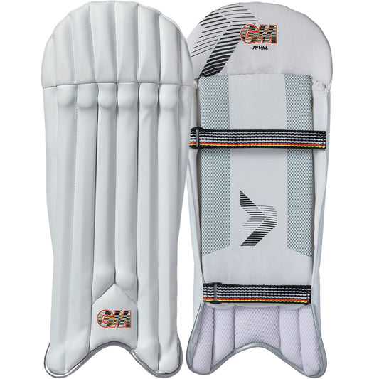 Gunn & Moore GM Wicket Keeping Pads Rival for youths, padded cricket gear with black and white design, suitable for young players.