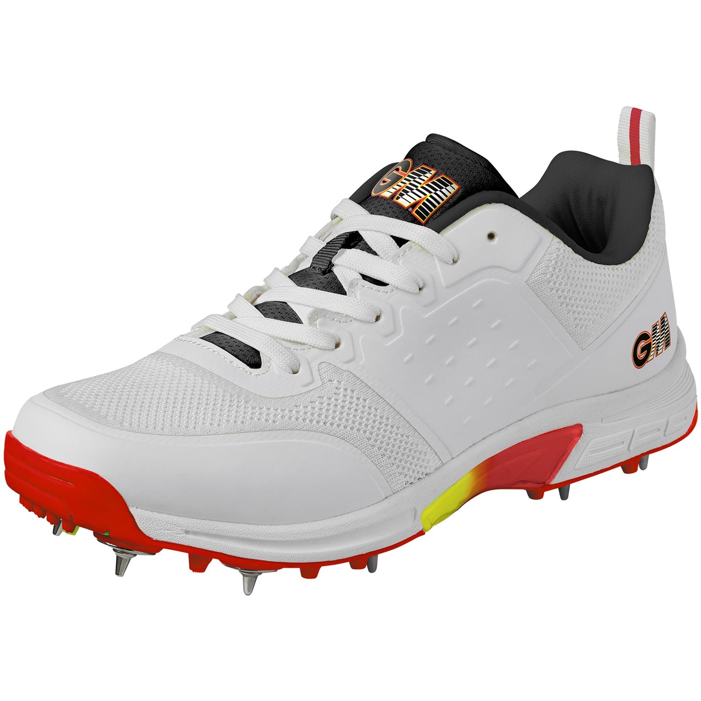 Gunn & Moore GM Rival Spike Cricket Shoes in white and blue with rubber studs, designed for cricket players.