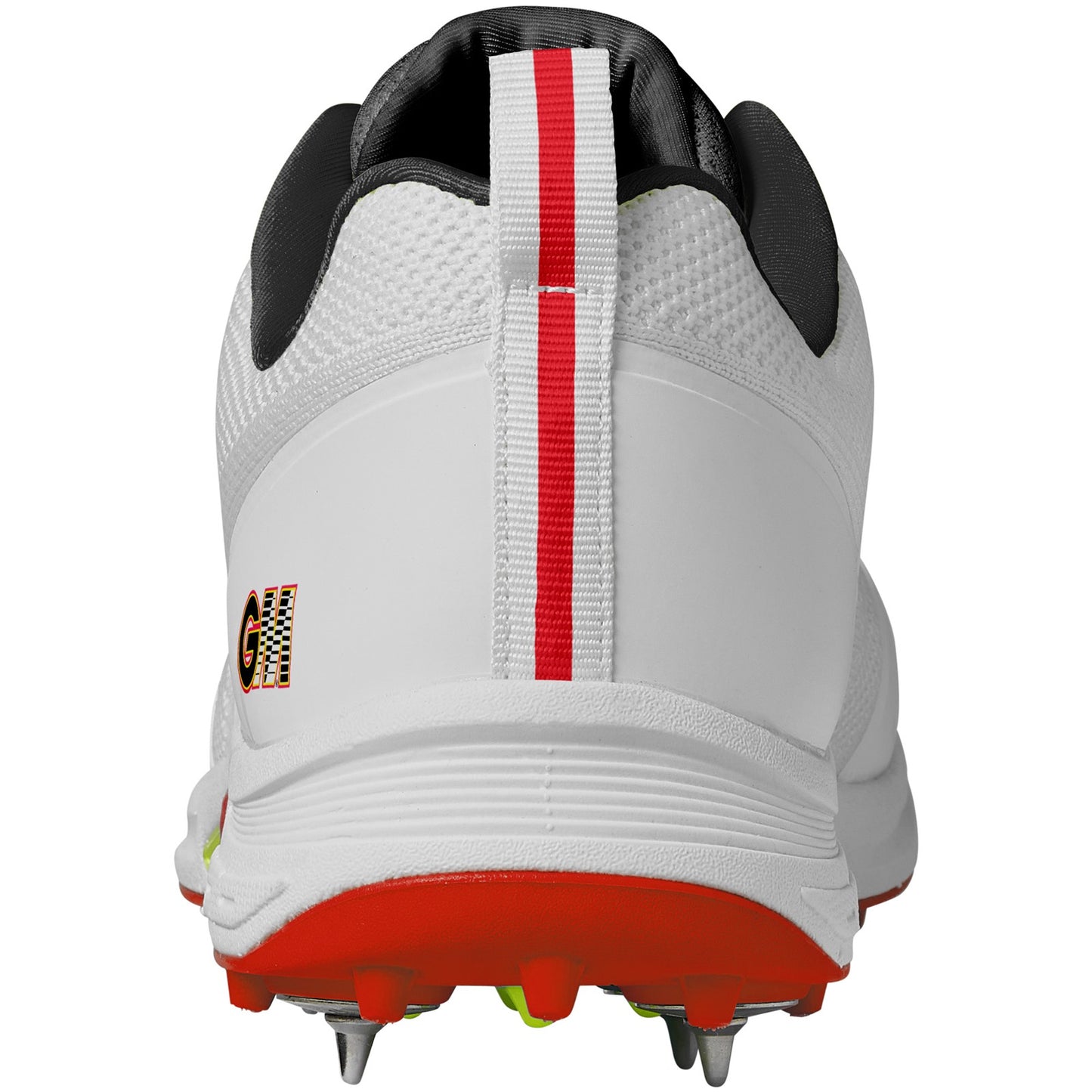 Gunn & Moore GM Rival Spike Cricket Shoes in black with red accents, featuring spikes for enhanced grip and performance on the field.