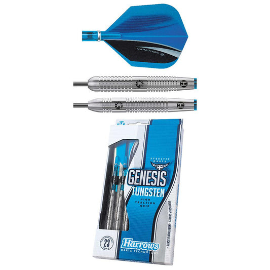 Harrows Genesis Tungsten Darts with sleek black and silver barrel design, sharp steel tips, and professional-grade construction.