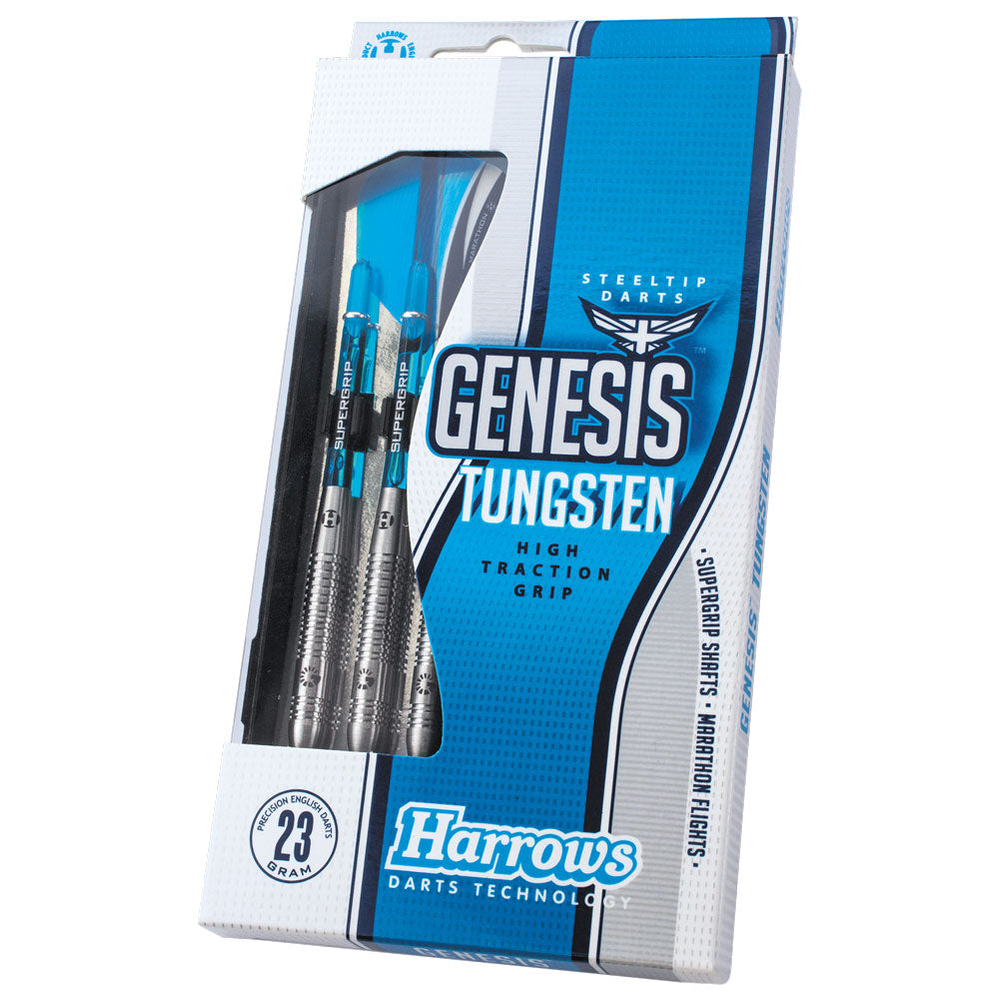 Harrows Genesis Tungsten Darts displayed with sleek black and silver design, featuring the brand logo and pointed tips.
