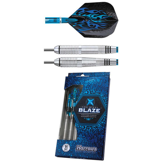 Harrows Blaze Inox Steel Darts with sleek black and silver design, featuring pointed tips and metal barrels for precision throwing.