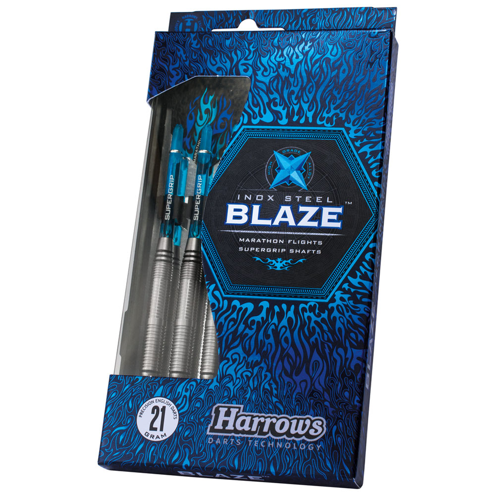 Harrows Blaze Inox Steel Darts with polished metal barrels and black rubber grips, designed for professional dart players.