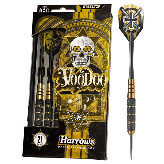 Pair of Harrows Voodoo Brass Darts with black and silver barrels and sharp steel points, suitable for competitive darts games.