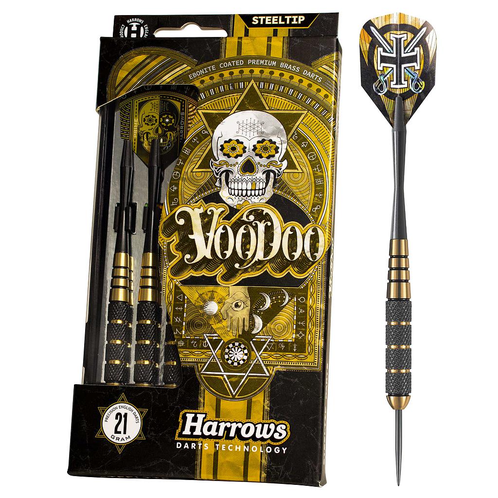 Harrows Voodoo Brass Darts set with metallic barrels and flights, designed for professional dart games and precision throwing.
