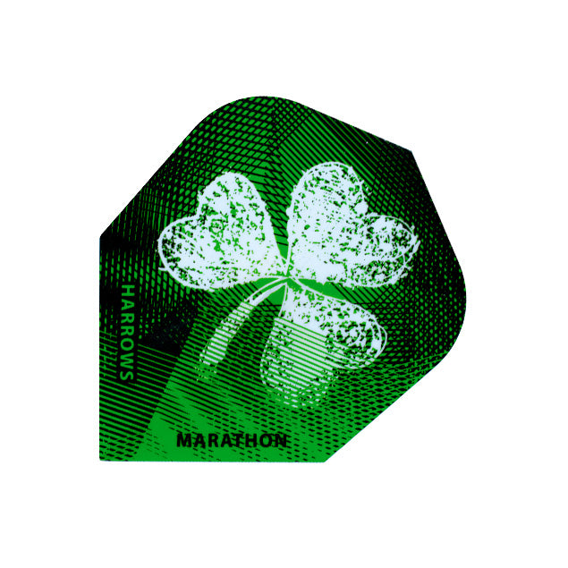 Harrows 100 Micron Marathon Flights set featuring four colorful dart flights with branding and detailed design.