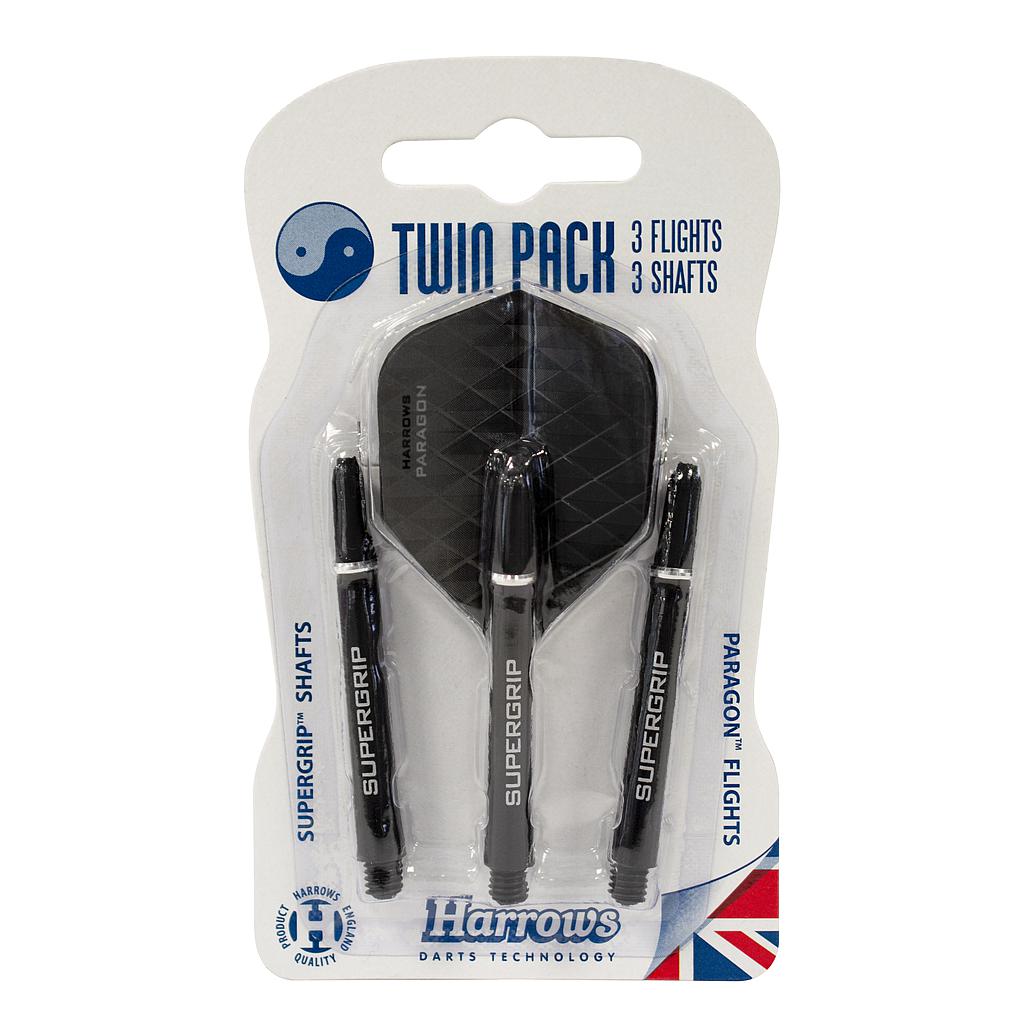Harrows Twin Pack dart flights and shafts set with colorful flight designs and durable plastic shafts for professional dart playing