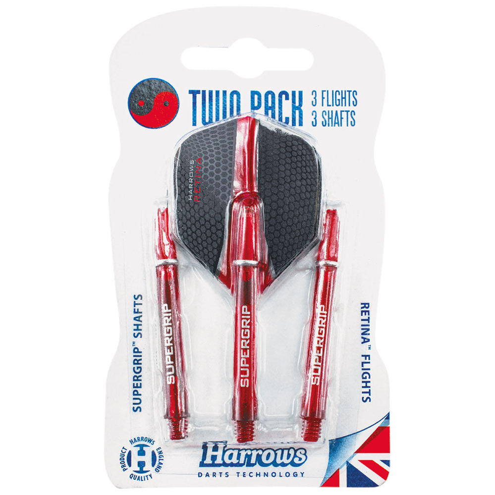 Harrows Twin Pack dart flights and shafts set with colorful flights and durable shafts for sporting darts games.