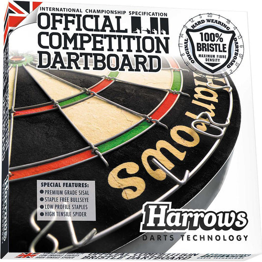 Harrows Official Competition Dartboard with numbered scoring sections and black, white, and red sections for competitive play.