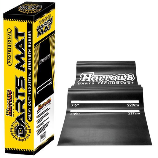 Harrows Pro Rubber Darts Mat 300x65cm on wooden floor, showing black mat with green border for darts gameplay.