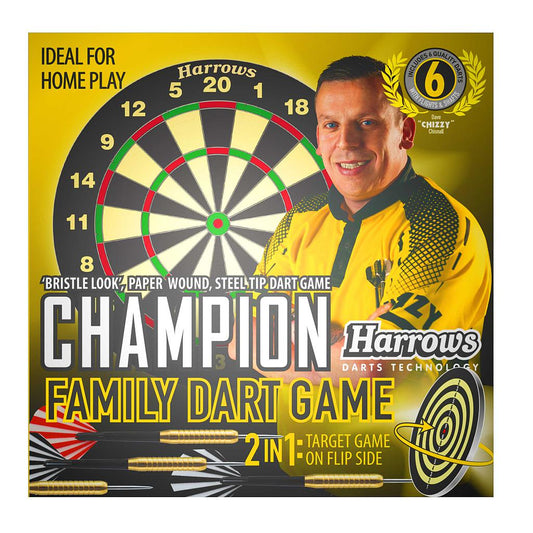 Harrows Chizzy Champion Family Dart Game set with colorful darts and target board for indoor recreational play.