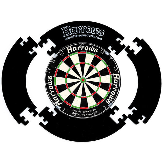 Harrows 4-piece dartboard surround in black and white, designed for protecting walls during dart games, made of durable plastic.