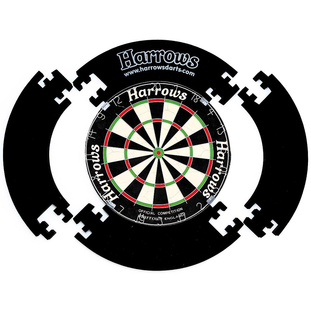 Harrows 4-piece dartboard surround in black, made of durable sporting goods material, designed to protect walls from darts.