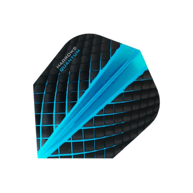 Harrows 100 Micron Quantum Flights set for darts, featuring sleek black and silver design with detailed branding and lightweight construction.