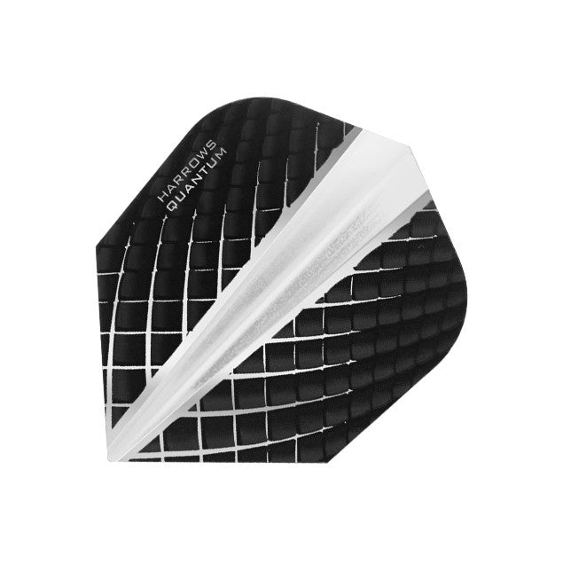 Harrows 100 Micron Quantum Flights set for darts, featuring lightweight, aerodynamic dart flights with branding and colorful design.