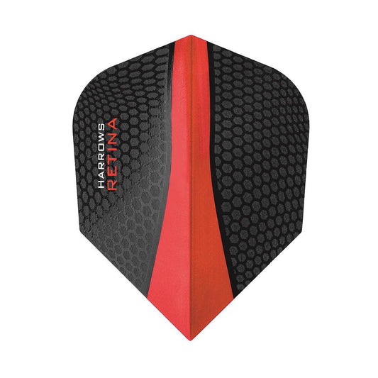 Harrows Retina 100 Micron dart flights showing vibrant, durable plastic flights with detailed design for sporting darts.