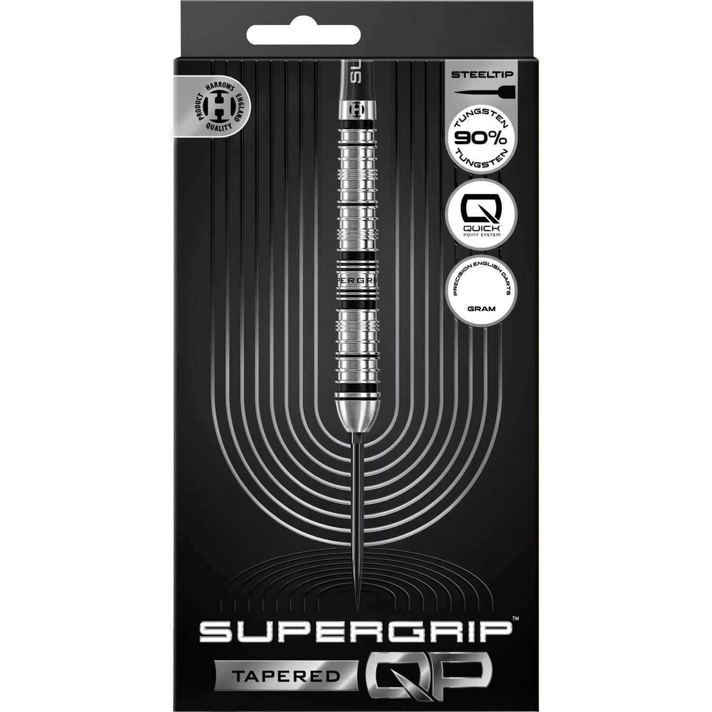 Harrows Tungsten QP Tapered Darts 90% with black and silver tips, featuring a sleek tapered design and the Harrows logo.
