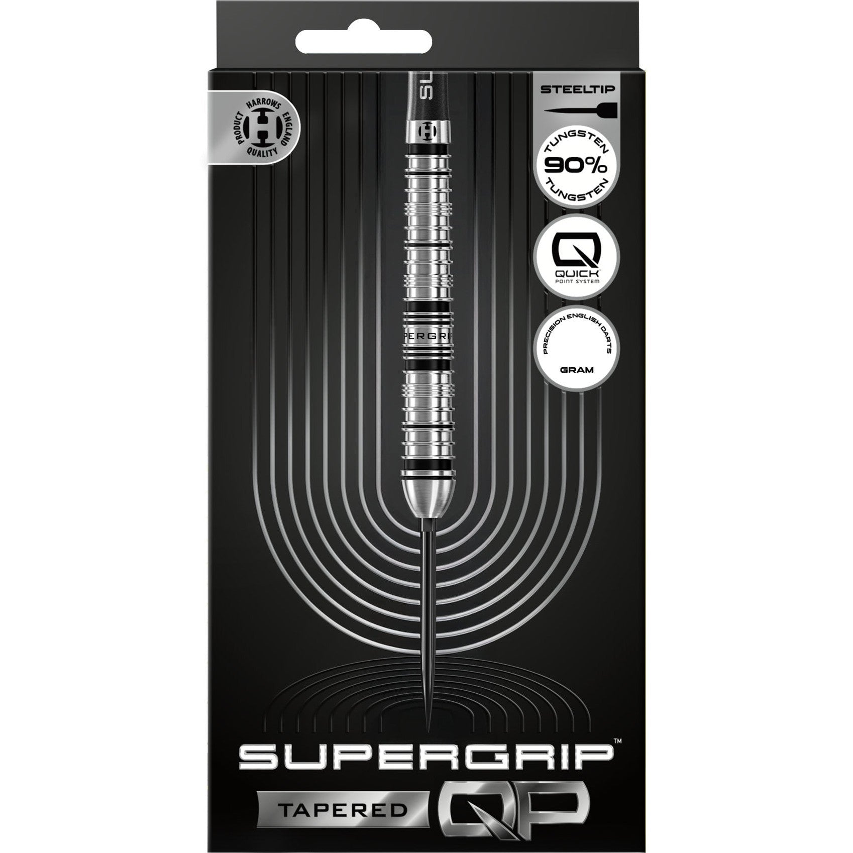 Harrows Tungsten QP Tapered Darts 90% with black and silver tips, featuring a sleek tapered design and the Harrows logo.