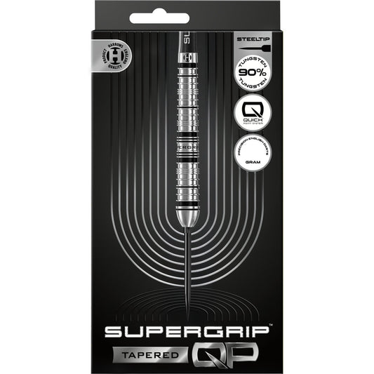 Harrows Tungsten QP Tapered Darts 90% with black and silver tips, featuring a sleek tapered design and the Harrows logo.