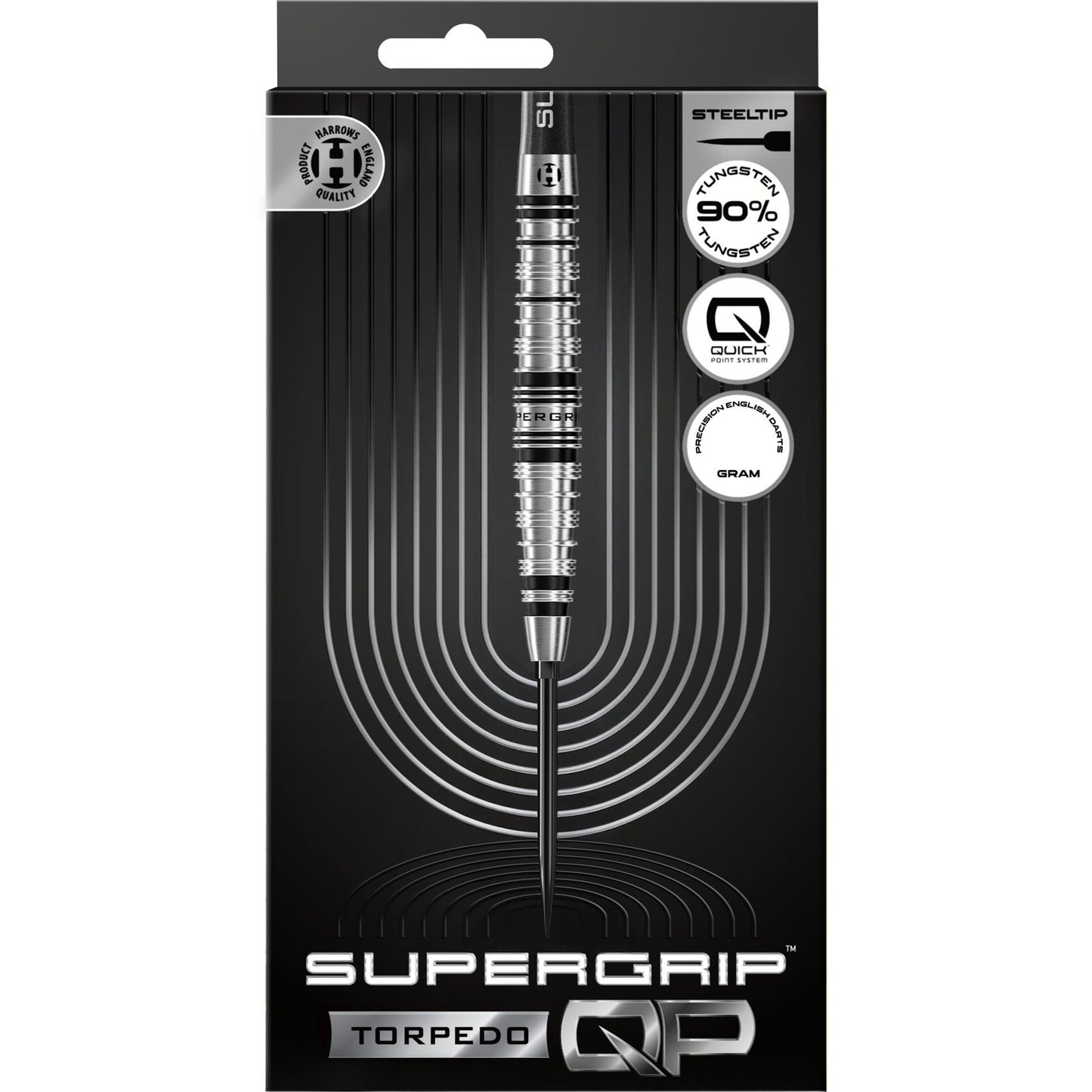 Harrows Tungsten QP Torpedo Darts 90% with black and silver barrels and tungsten construction, designed for precision throwing.