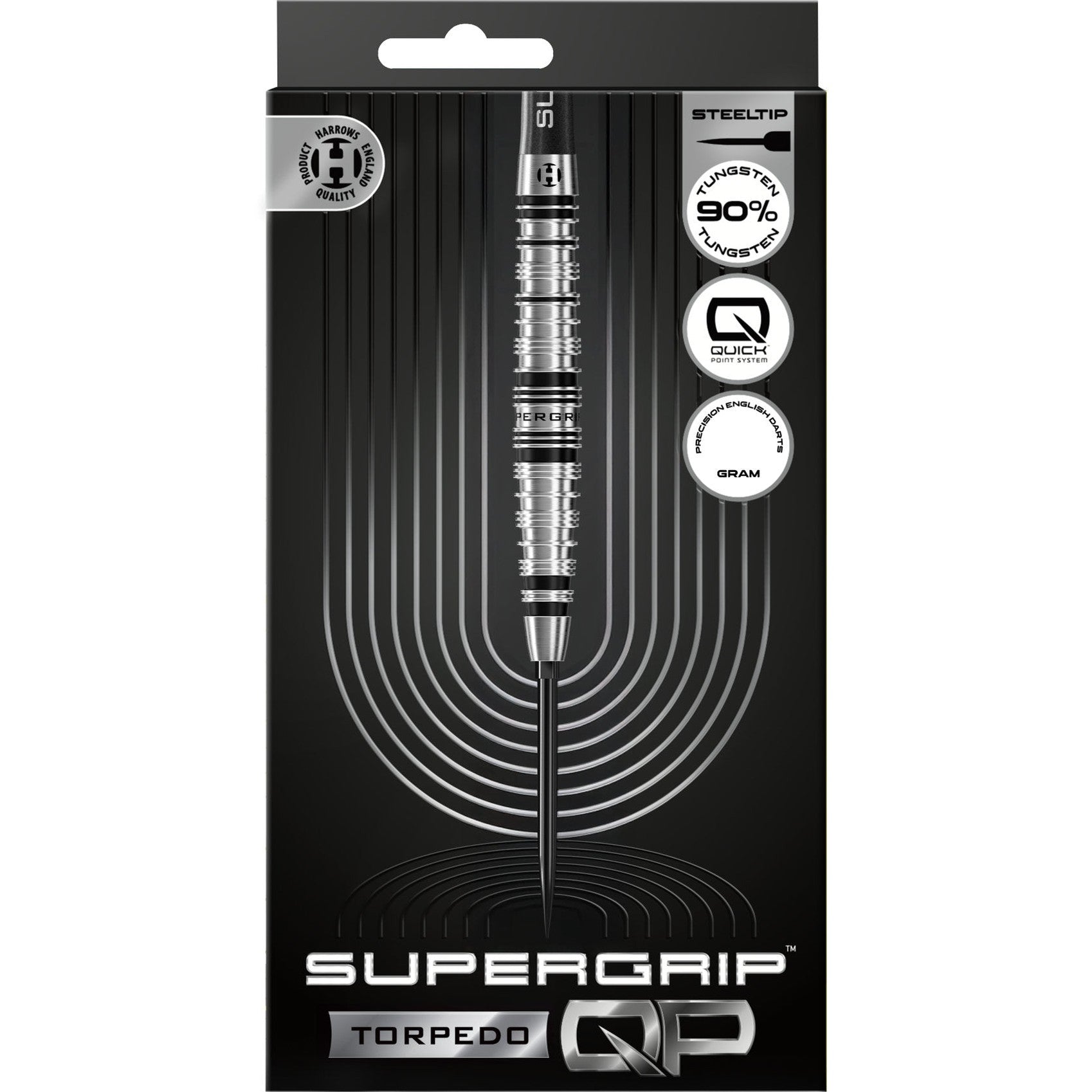 Harrows Tungsten QP Torpedo Darts 90% with black and silver barrels and tungsten construction, designed for precision throwing.