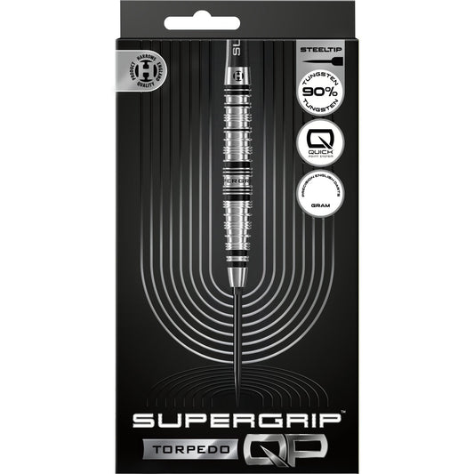 Harrows Tungsten QP Torpedo Darts 90% with black and silver barrels and tungsten construction, designed for precision throwing.