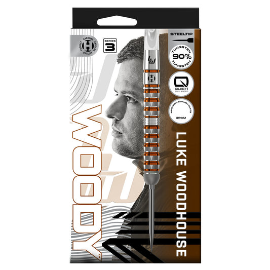 Harrows Tungsten Luke Woodhouse Series 3 90% darts with black and silver design, featuring pointed tips and textured grip.