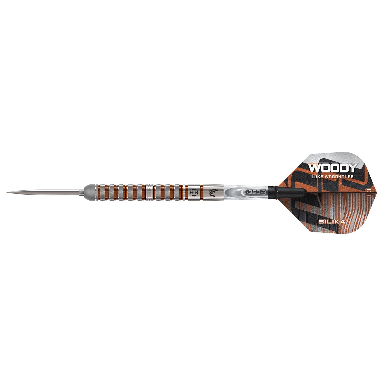 Harrows Tungsten Luke Woodhouse Series 3 90% darts, sleek silver design with black grip sections, shown in close-up view.