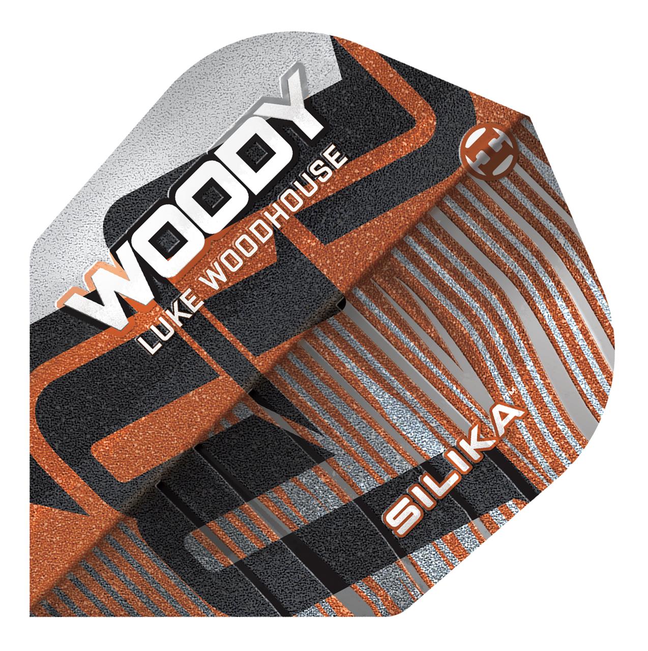 Harrows Tungsten Luke Woodhouse Series 3 90% darts with black and gold design, featuring a sleek tungsten barrel and signature branding.