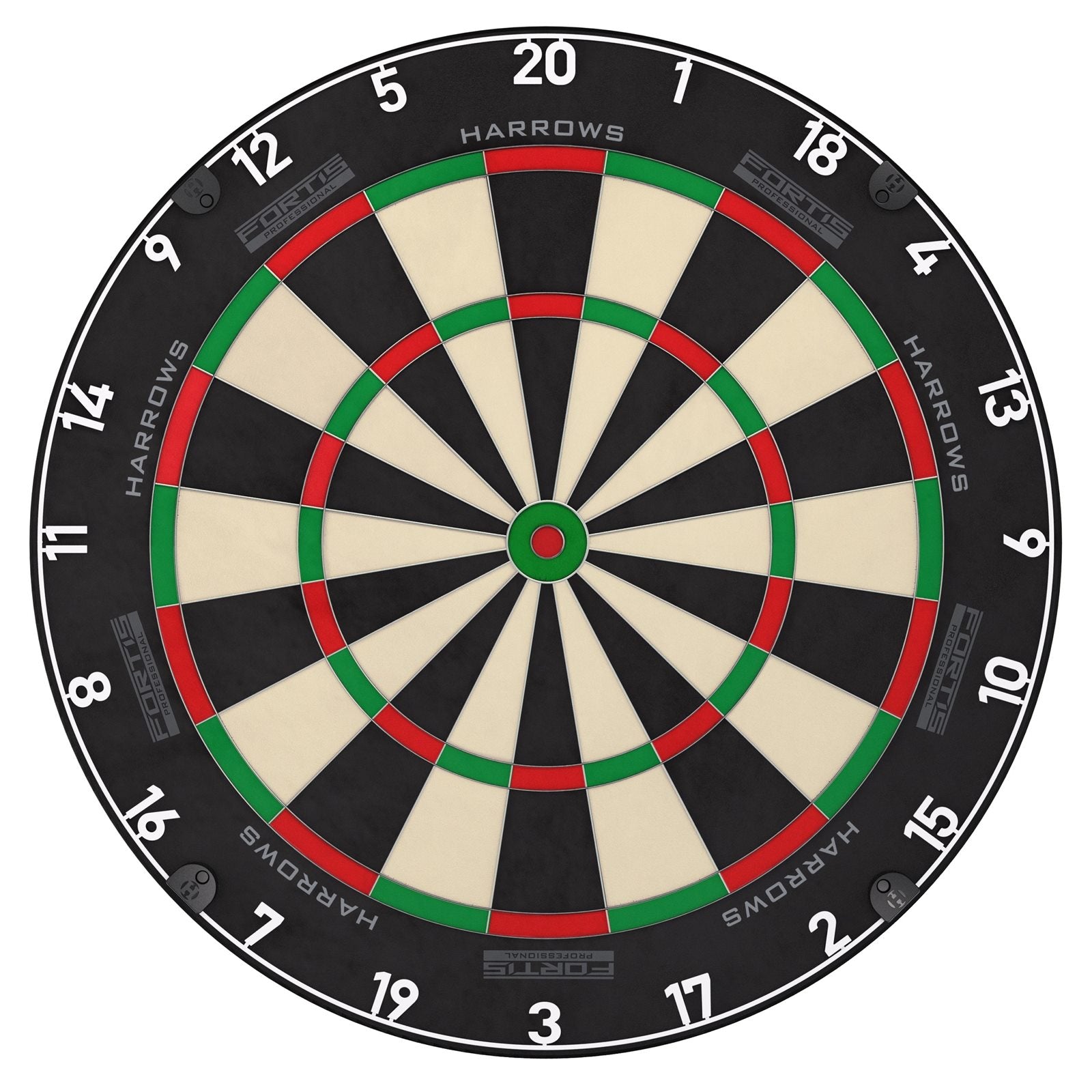 Harrows Fortis darts board with black and white segments, mounted on a wall, ready for gameplay.