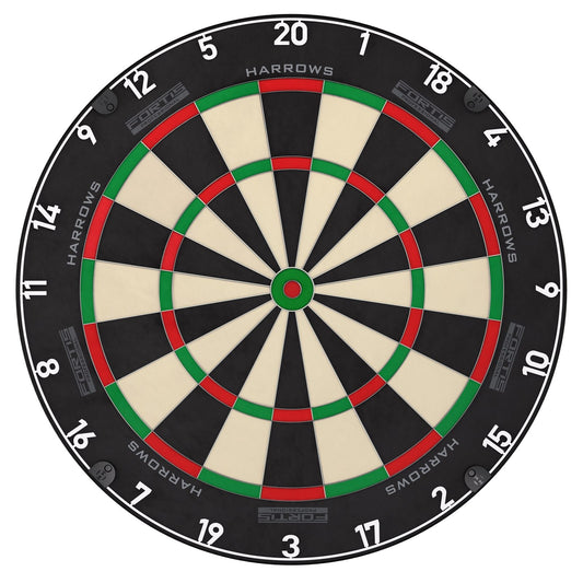 Harrows Fortis darts board with black and white segments, mounted on a wall, ready for gameplay.