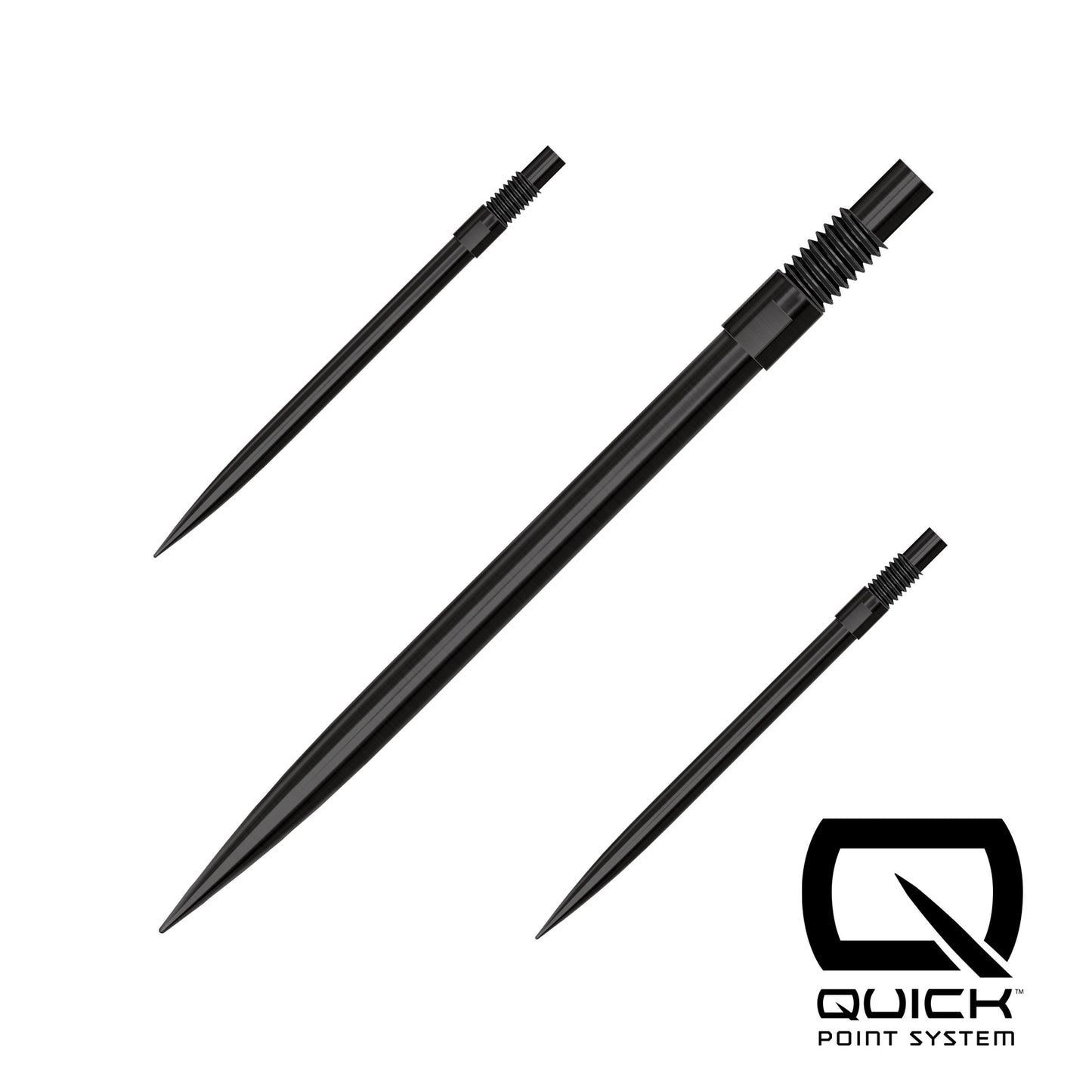 Harrows Quick Point darts with black shafts and silver tips, designed for precision and durability in dart gameplay.