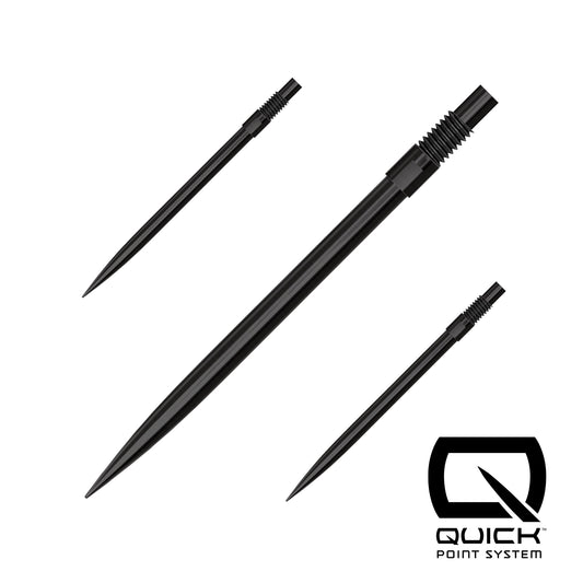 Harrows Quick Point darts with black shafts and silver tips, designed for precision and durability in dart gameplay.
