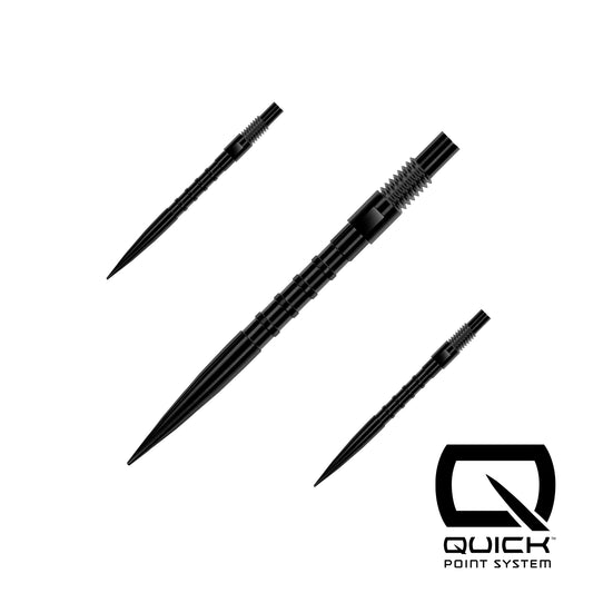 Harrows Hm Grip Quick Point darts with black barrels and steel tips, designed for precision and comfortable grip in competitive play.
