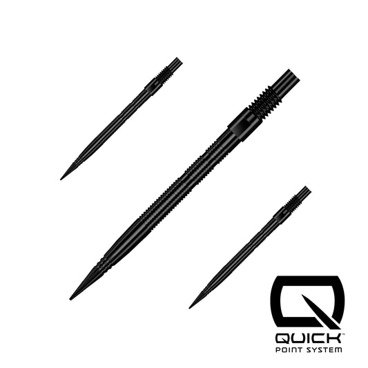 Close-up of Harrows Micro Ridge Quick Point darts, showcasing the textured tips designed for better grip and accuracy.